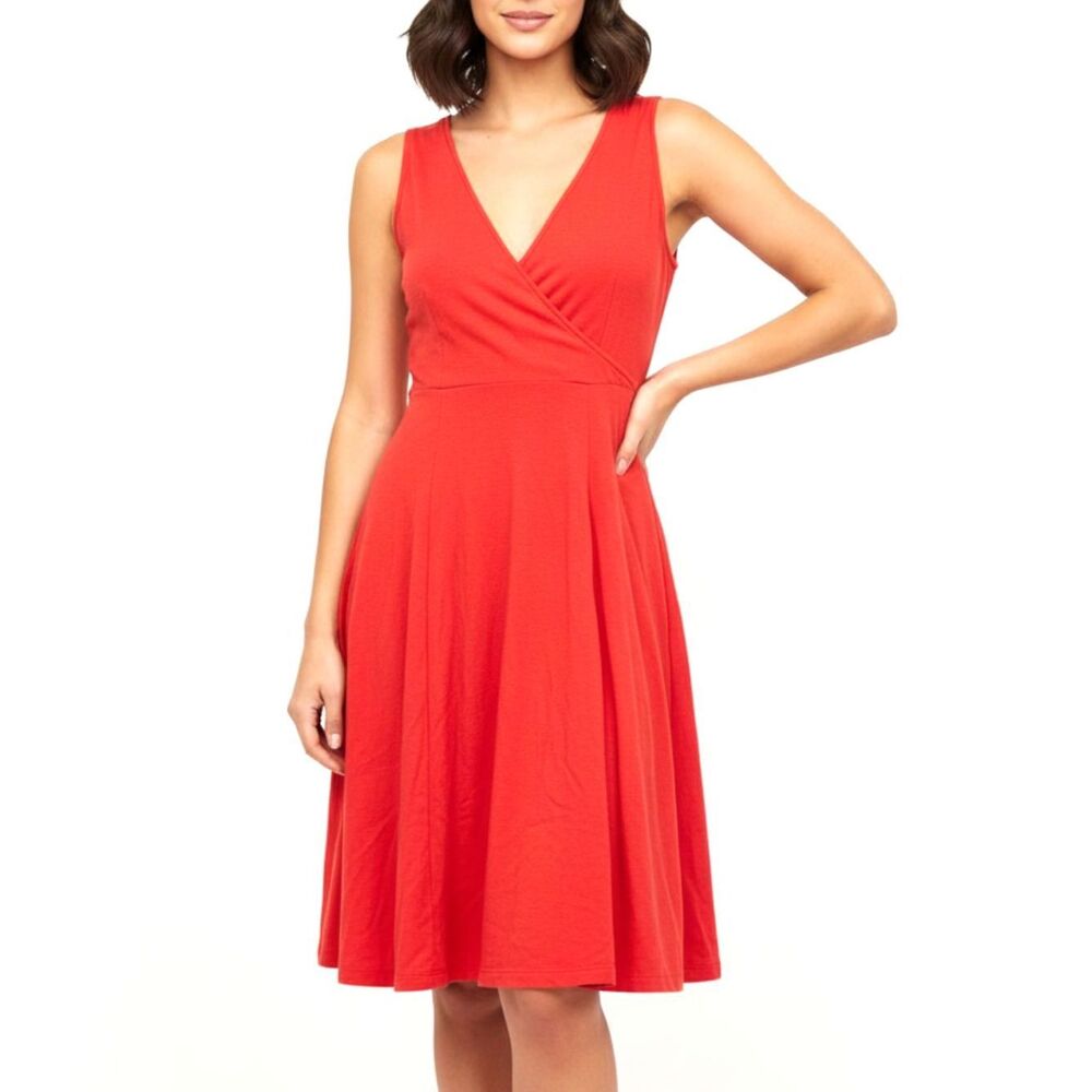 New York & Company Bright Red V-Neck Wrap Skater Jersey Dress Flirty Fit & Flare